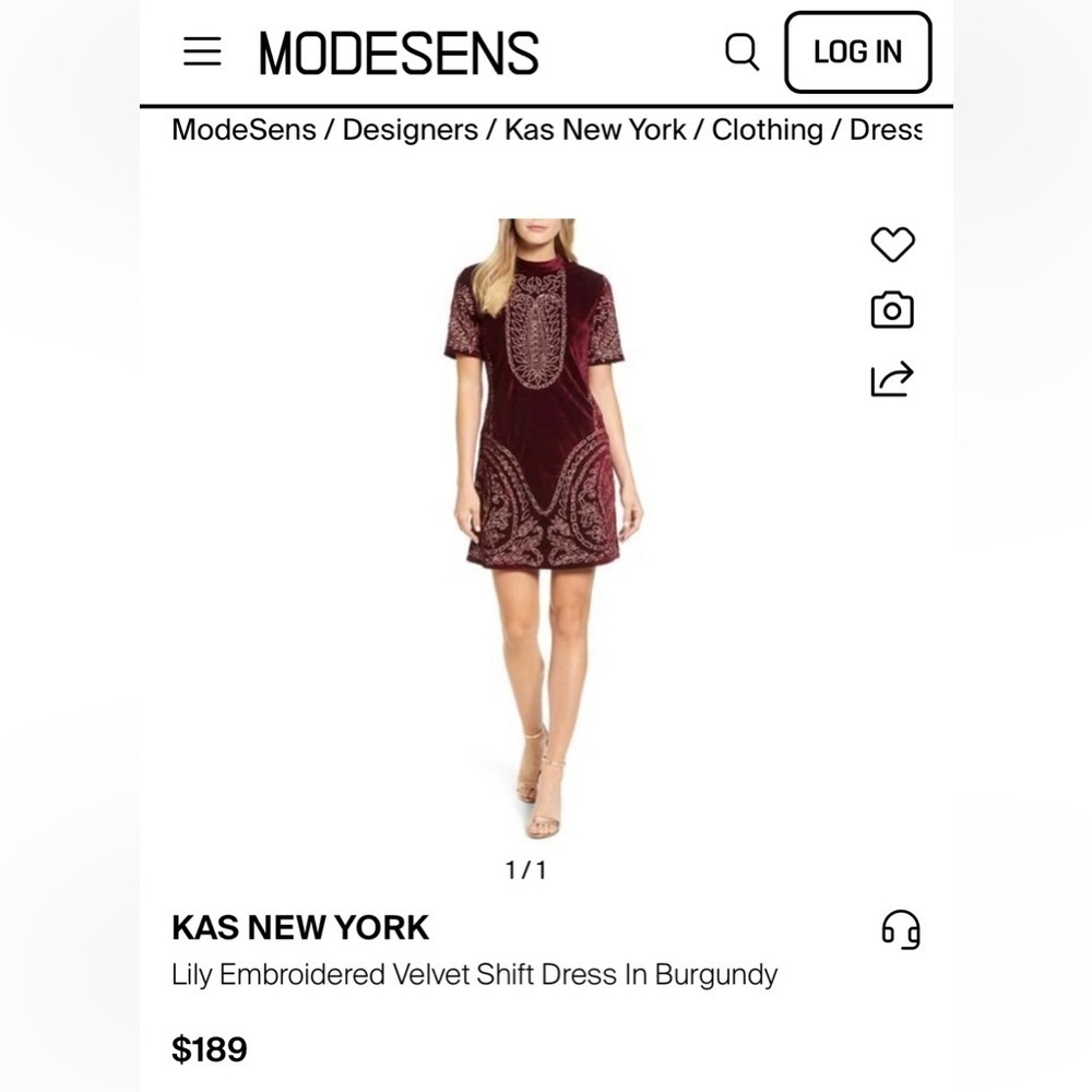 KAS New York Lily Embroidered Velvet Shirt Dress Party Cocktail Burgundy size XS